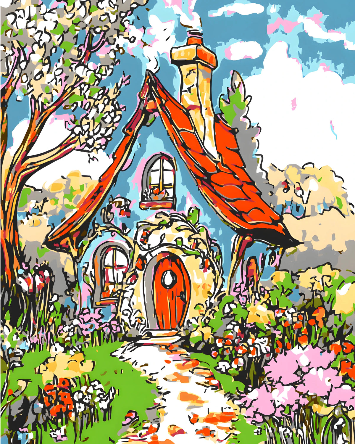 Malen nach Zahlen Kunst Illustration Haus mit Weg im Sommer