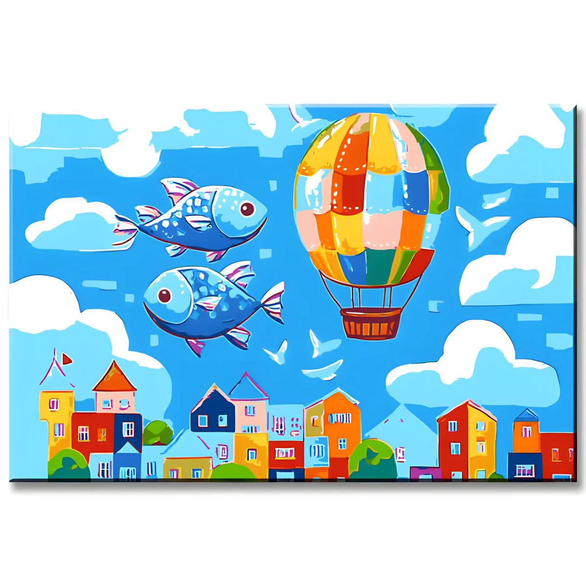 Malen nach Zahlen Kunst Illustration Kreativ Fische und Heißluftballon über der Stadt