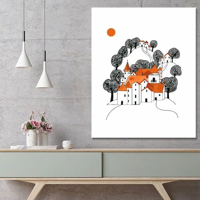 Malen nach Zahlen Kunst Illustration weiße Hß¤user mit orangenem Dach und schwarze Bß¤ume