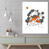 Malen nach Zahlen Kunst Illustration weiße Hß¤user mit orangenem Dach und schwarze Bß¤ume