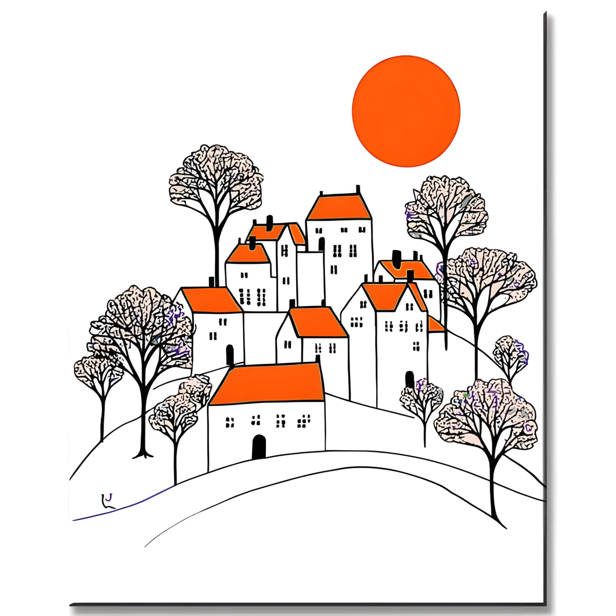 Malen nach Zahlen Illustration weiße Häuser mit orangenem Dach und schwarze Bäume
