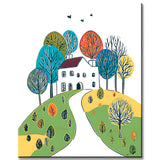 Malen nach Zahlen Illustration weißes Haus in der Landschaft mit bunten Bäumen