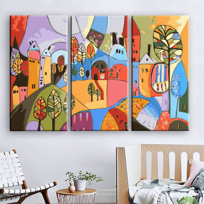 Malen nach Zahlen Folkart Illustration Stadt Land 3-teilig