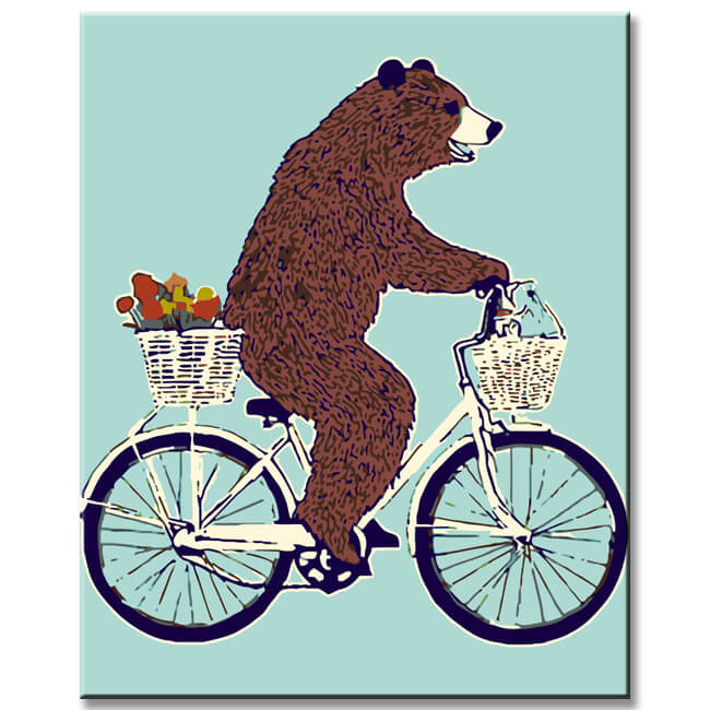 Malen nach Zahlen Tiere Braunbär auf dem Fahrrad