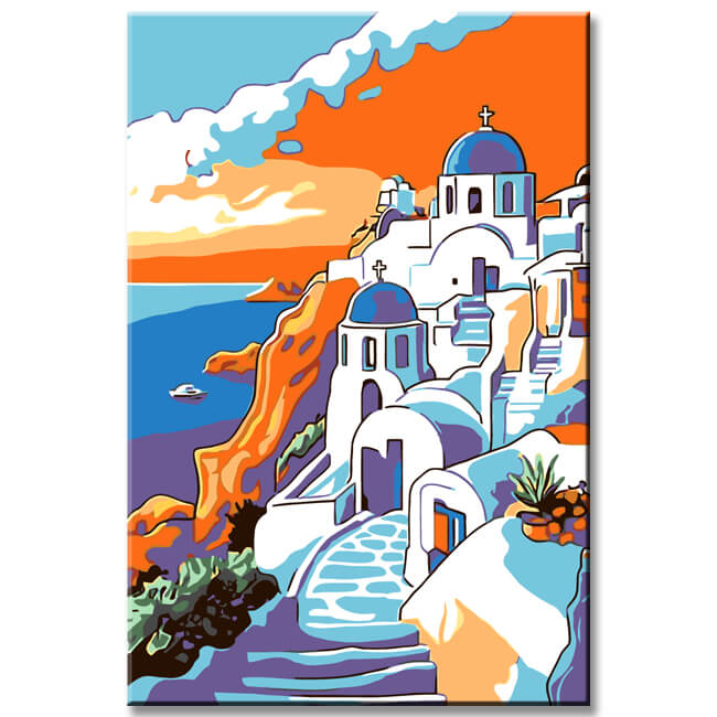 Malen nach Zahlen Kunst Landschaft Meer von Griechenland mit weißen Häusern und blauen Dächern