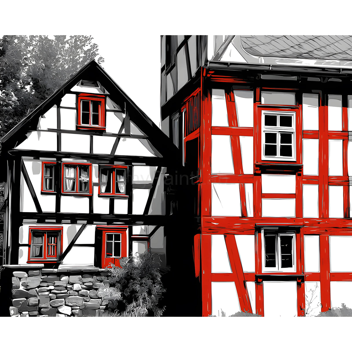 Malen-nach-Zahlen-Kunst-Landschaft-Fachwerkhäuser-2-teilig