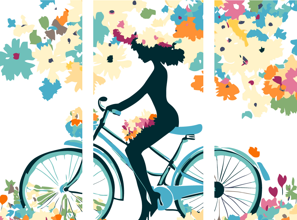 Malen nach Zahlen Lifestyle Kunst Frau auf Fahrrad 3-part