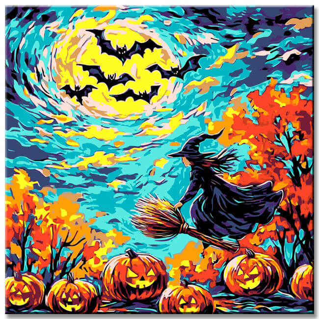 Malen nach Zahlen Kunst Natur Halloween Hexe fliegt auf Besen