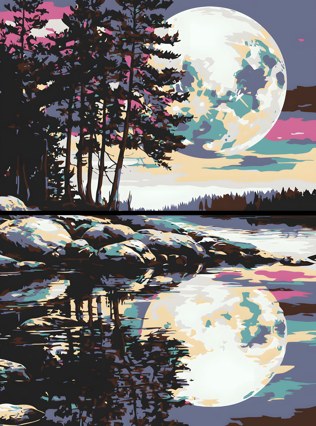 Malen nach Zahlen Kunst Natur Vollmond spiegelt sich im Wasser