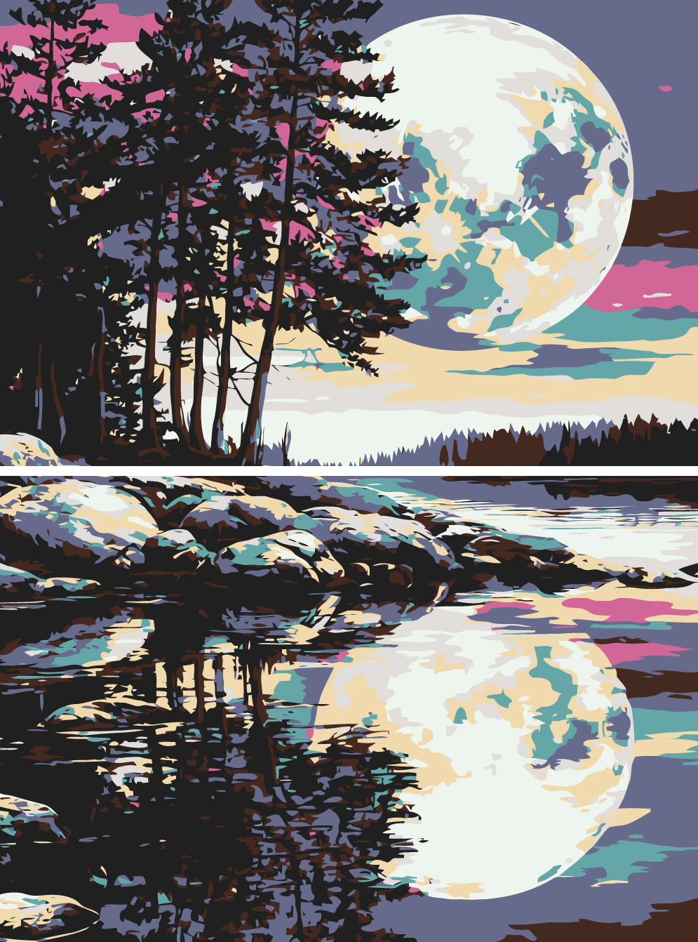 Malen nach Zahlen Kunst Natur Vollmond reflects itself in water