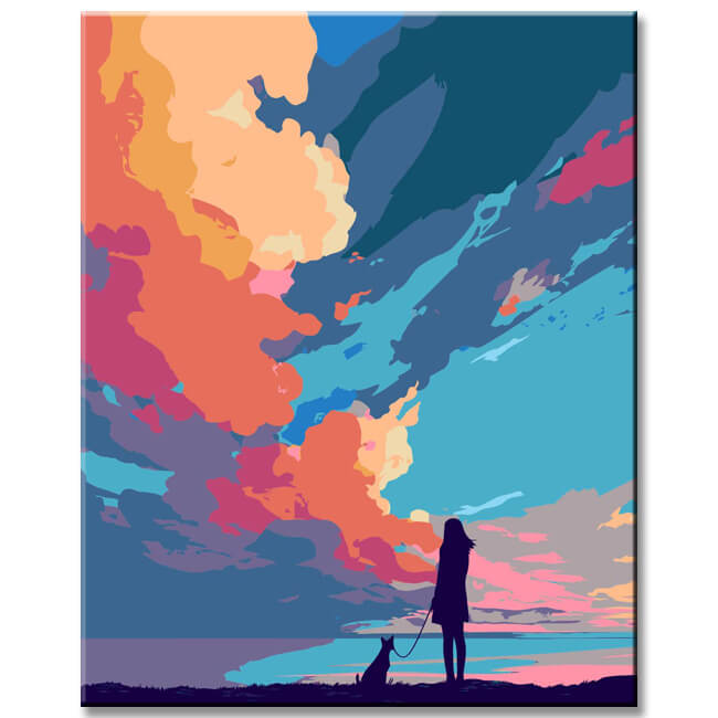 Malen nach Zahlen Kunst Natur Mädchen mit Hund und exoticen Wolken