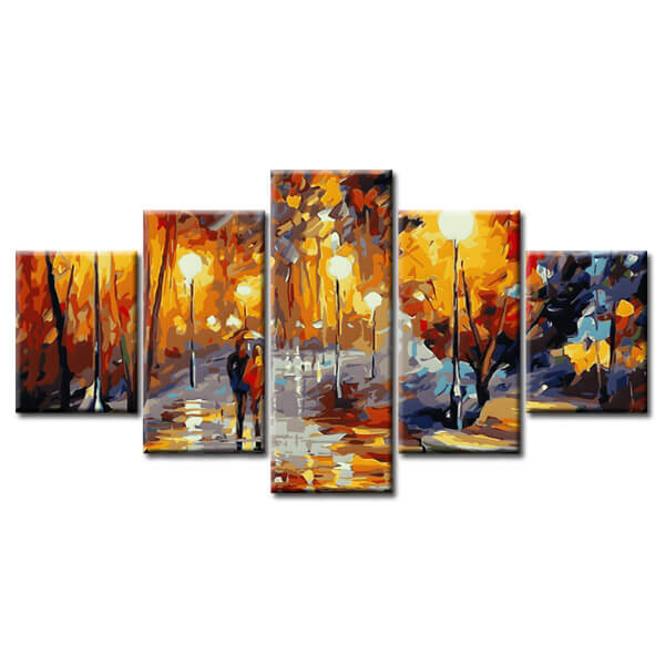 Malen nach Zahlen Kunst Natur Herbstbilder mit Laternen und Pärchen mit Regenschirm 5-teilig