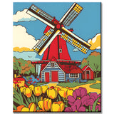 Malen nach Zahlen Niederlande Holland Windmühle Blumen