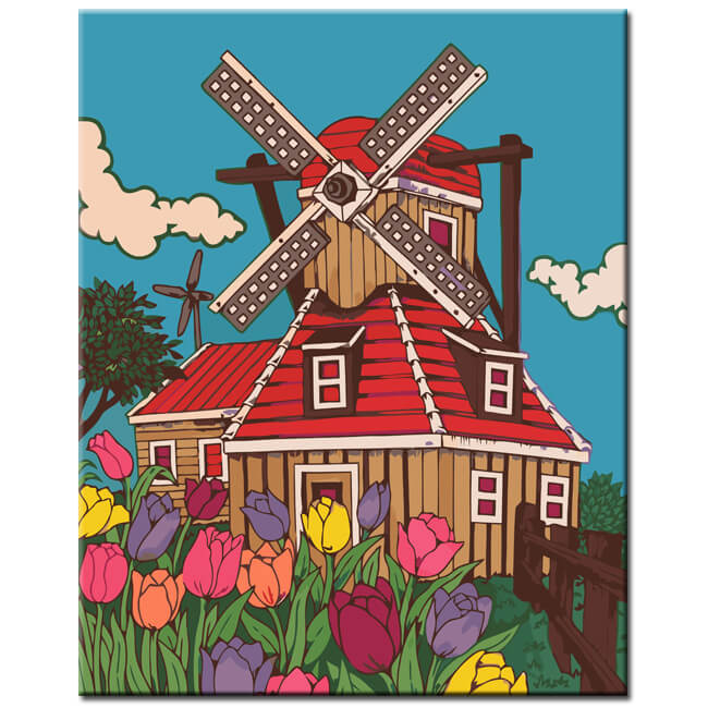 Malen nach Zahlen Niederlande Holland Windmühle Blumen