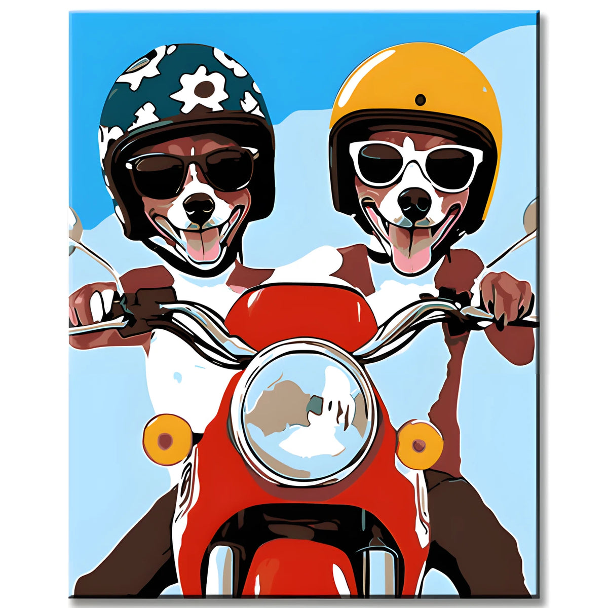Malen nach Zahlen Kunst Zwei Hunde with Helmet on rotem Motorrad
