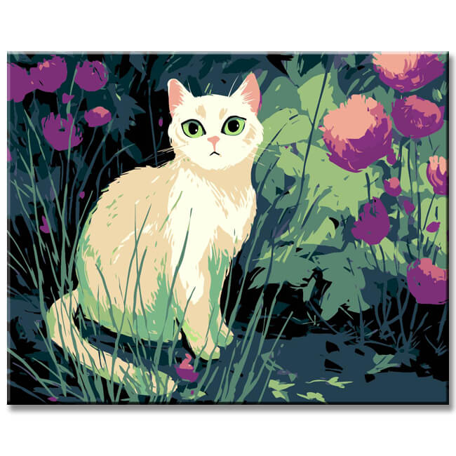 Grind after Zahlen Kunst Weiße Katze mit Grünen Augen im Gras