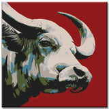 Grind after Zahlen Kunst Tier Weißer Stier auf rotem Hintergrund