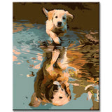 Malen nach Zahlen Kunst Tier kleiner Hundewelpe spiegelt sich in der Pfütze