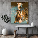 Malen nach Zahlen Kunst Tier smaller Hundewelpe reflects itself in the Pfütze