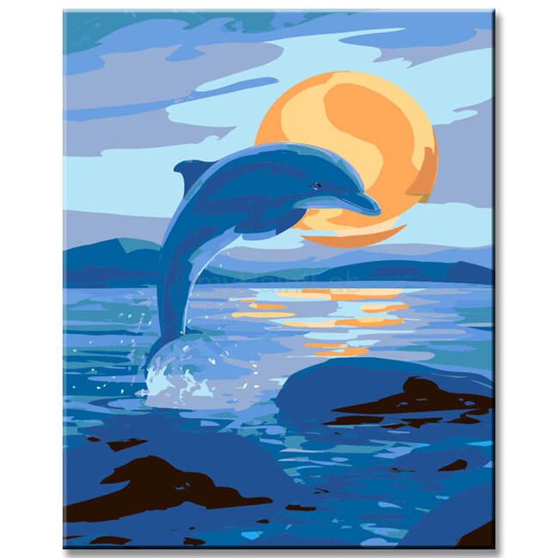 Malen nach Zahlen Kunst Tier Delfin bei Nacht voor Vollmond