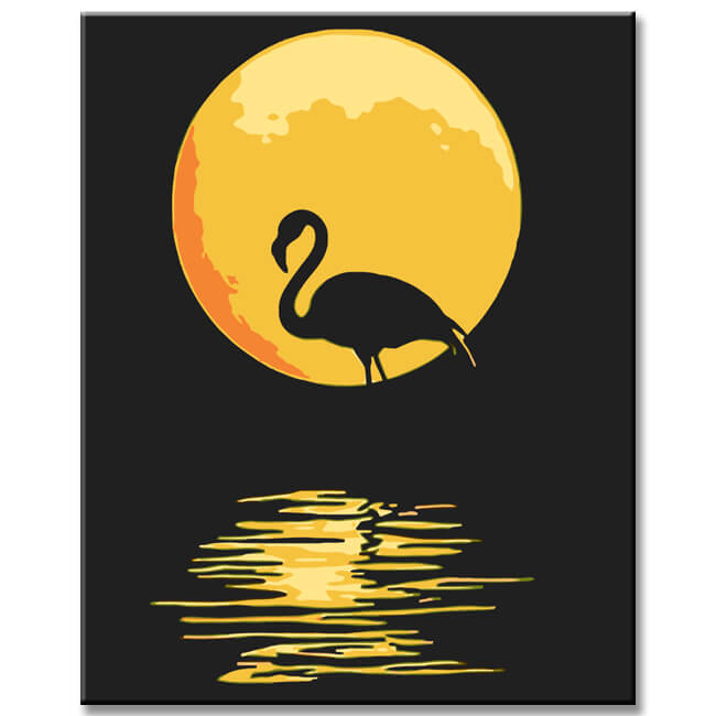 Malen nach Zahlen Kunst Tier Flamingo bei Nacht vor Vollmond