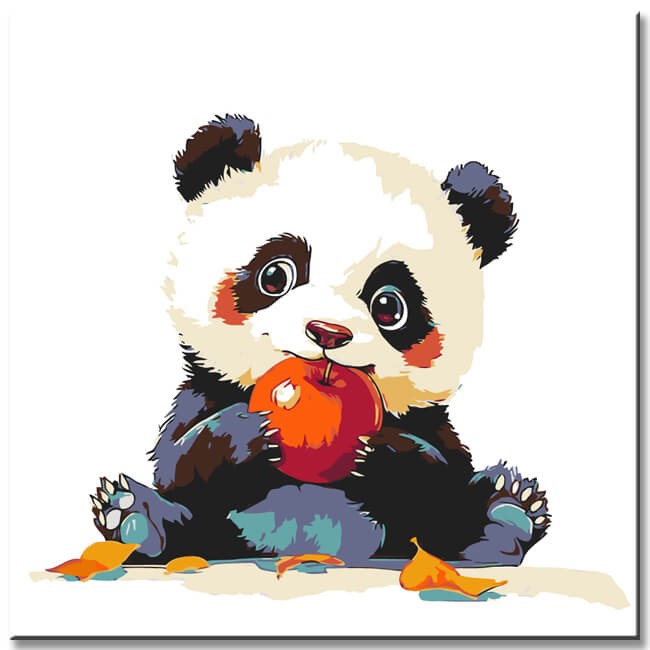 Malen nach Zahlen Baby Panda Kunst mit Apfel