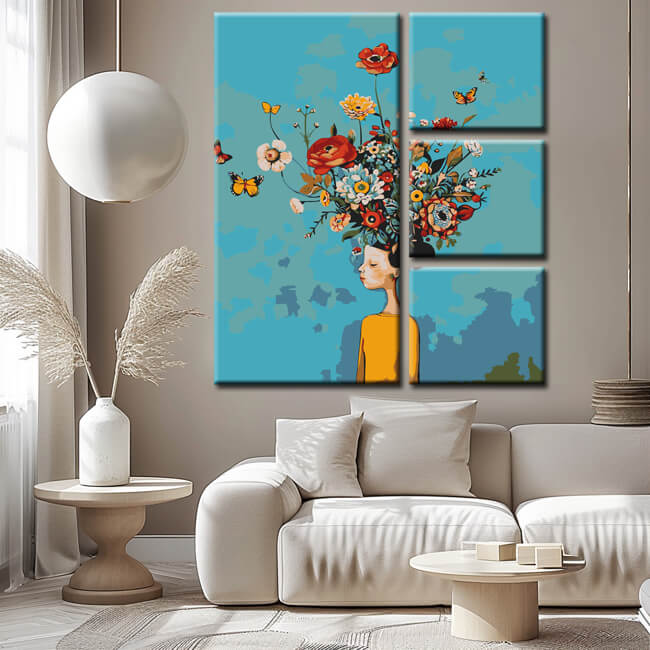 Malen nach Zahlen Abstrakte Kunst Porträt mit Blumen auf Kopf 4-teilig