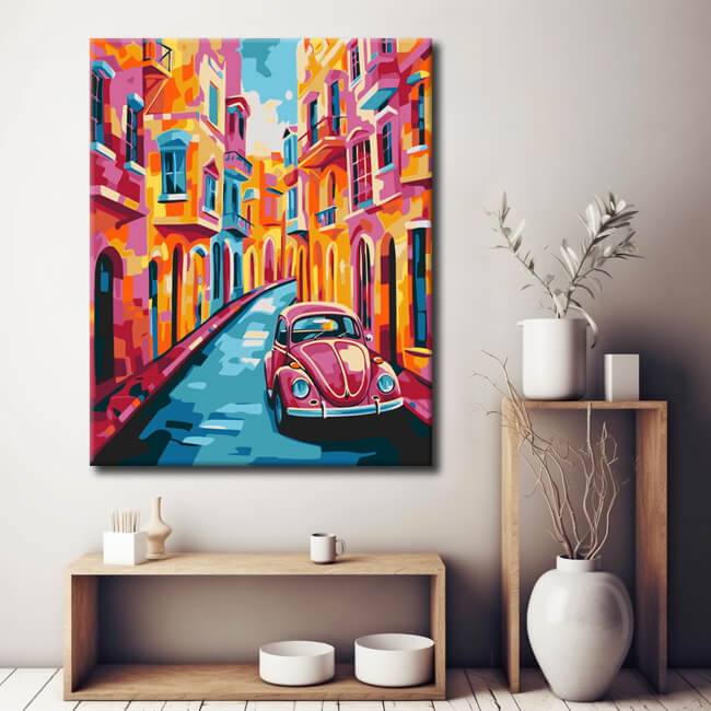 Malen nach Zahlen: Malerische Altstadt mit Auto Kunst