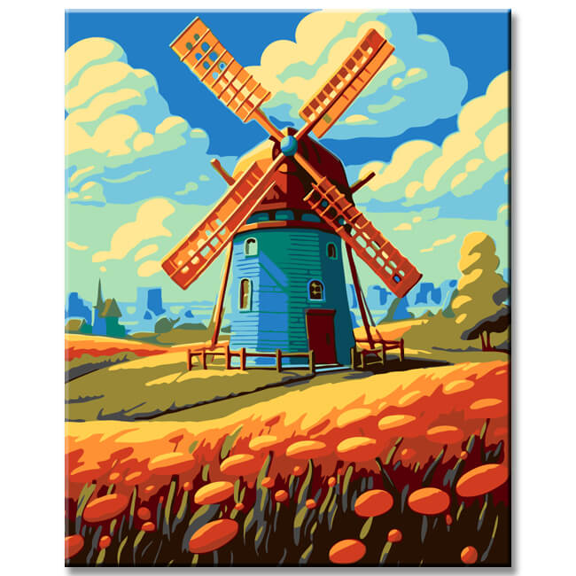 Malen nach Zahlen Windmühlen Blumen Landschaft