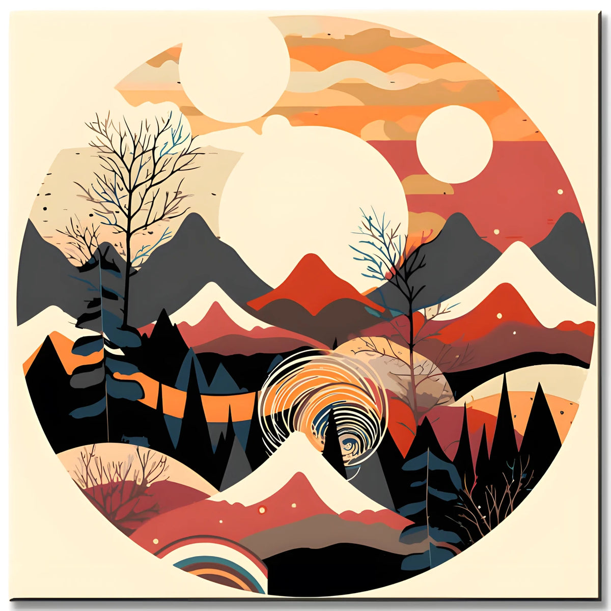 Malen nach Zahlen - Minimalist Landscape Poster: Berge, Sonne, Tag und Nacht, Boho-Midcentury
