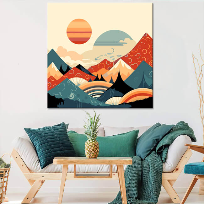 Malen nach Zahlen - Minimalistisches Landschaftsposter: Berge, Sonne, Tag und Nacht, Boho-Midcentury