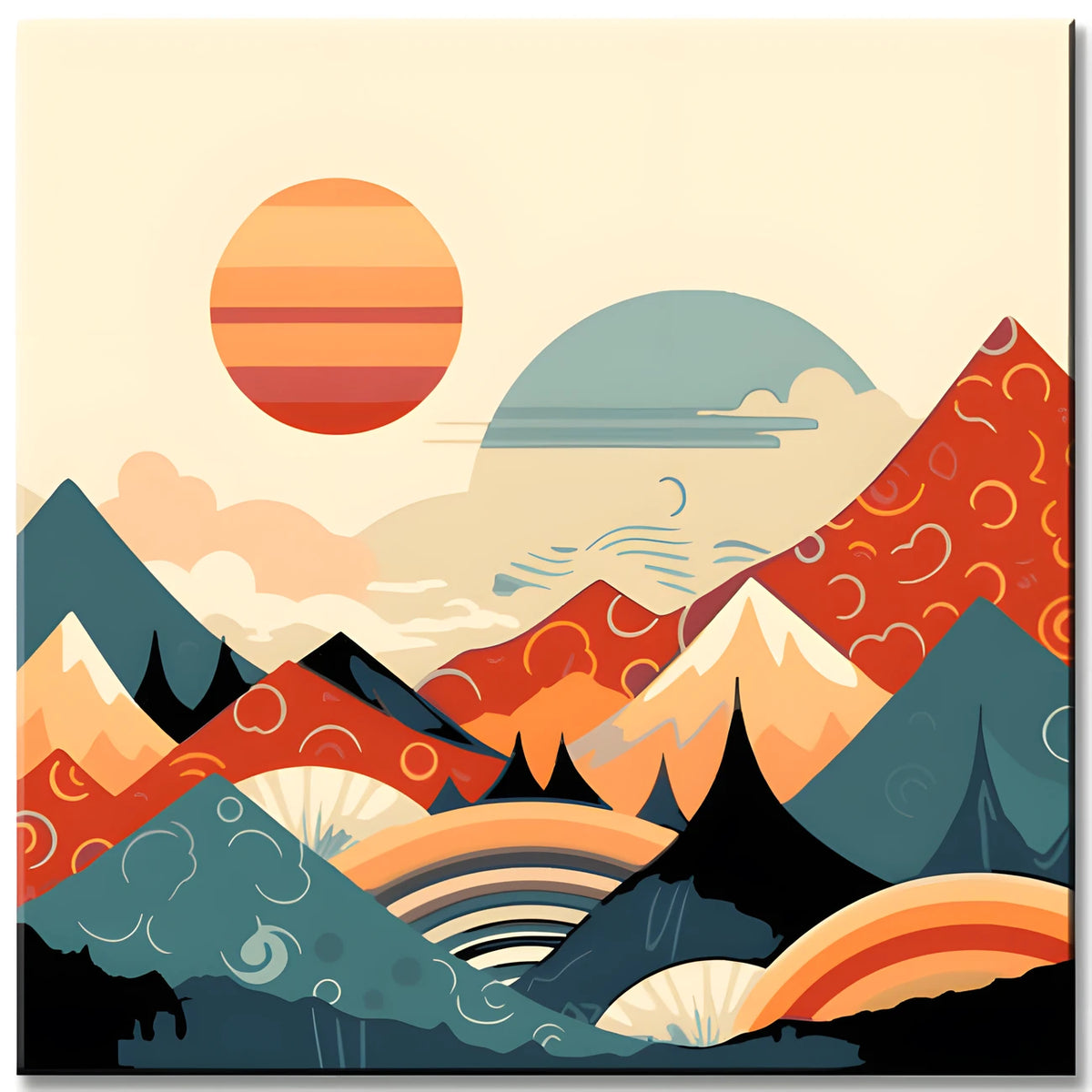 Malen nach Zahlen - Minimalist Landscape Poster: Berge, Sonne, Tag und Nacht, Boho-Midcentury