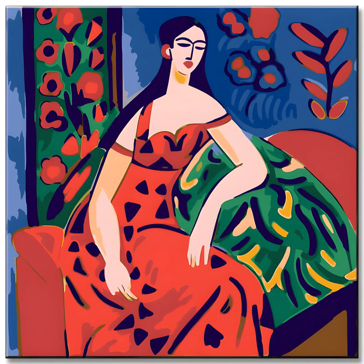 Malen nach Zahlen im Matisse Stil: Frau im roten Kleid