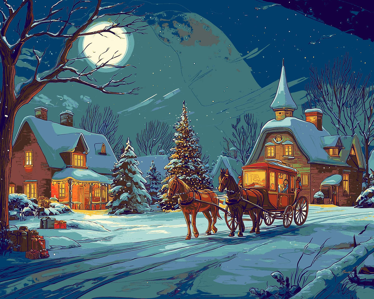 Paint by Numbers Christmas Christmas Village with Horse Carriage