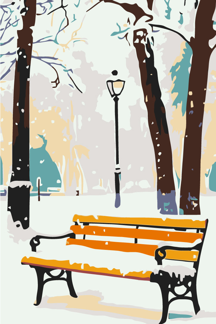 Grind nach Zahlen Winter gelbe Park bench
