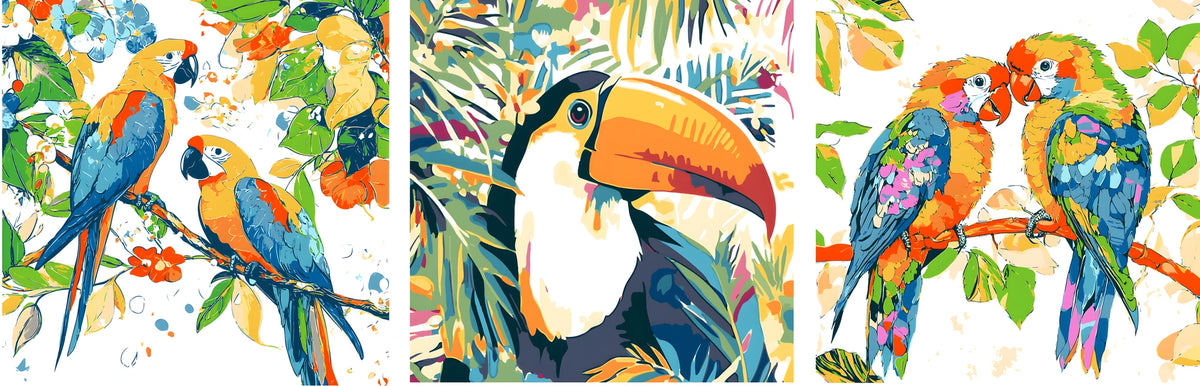 Painting by Numbers Triptych Parrots Butterflies Toucan