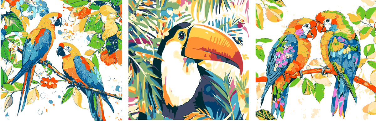 Painting by Numbers Triptych Parrots Butterflies Toucan