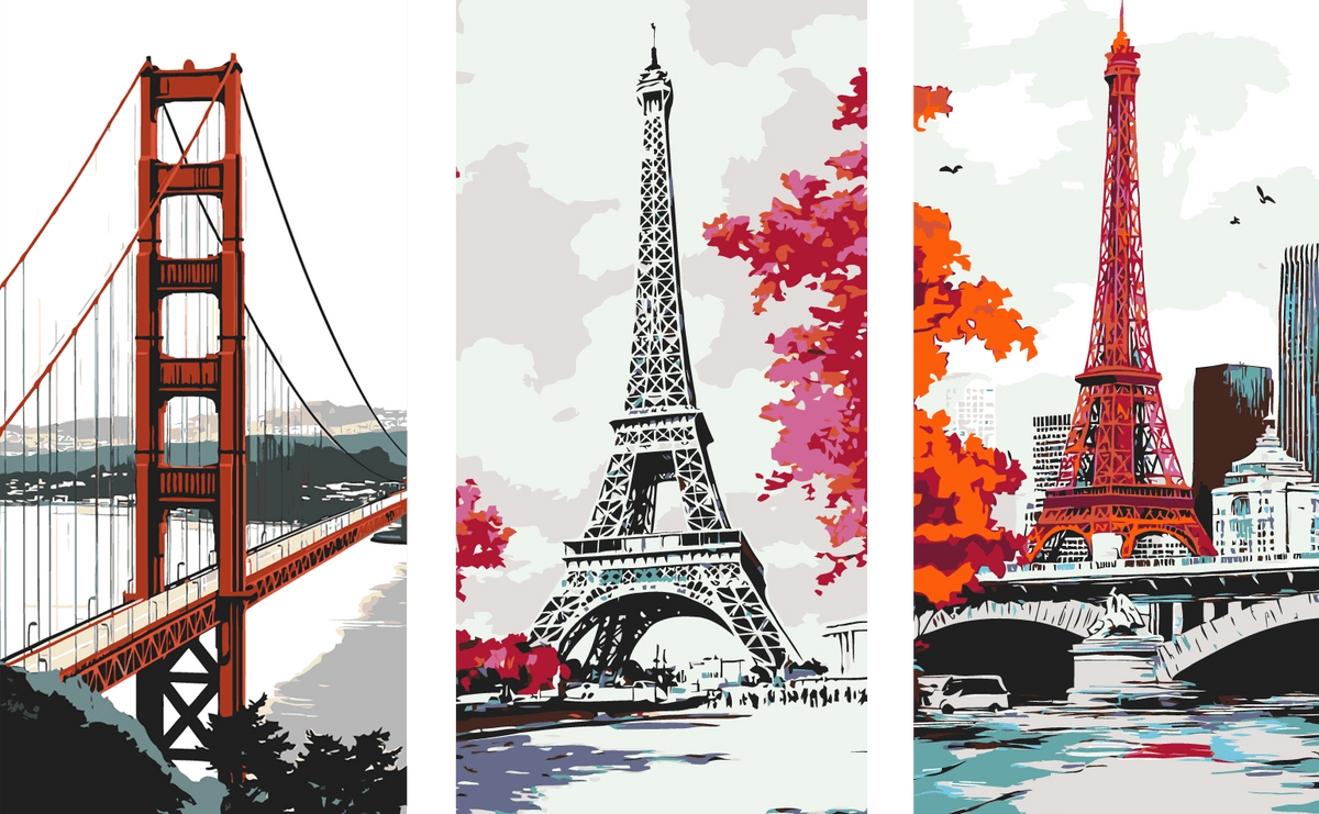 Malen nach Zahlen Funkturm rotweisser Schiffsanleger Paris San Francisco Brücke