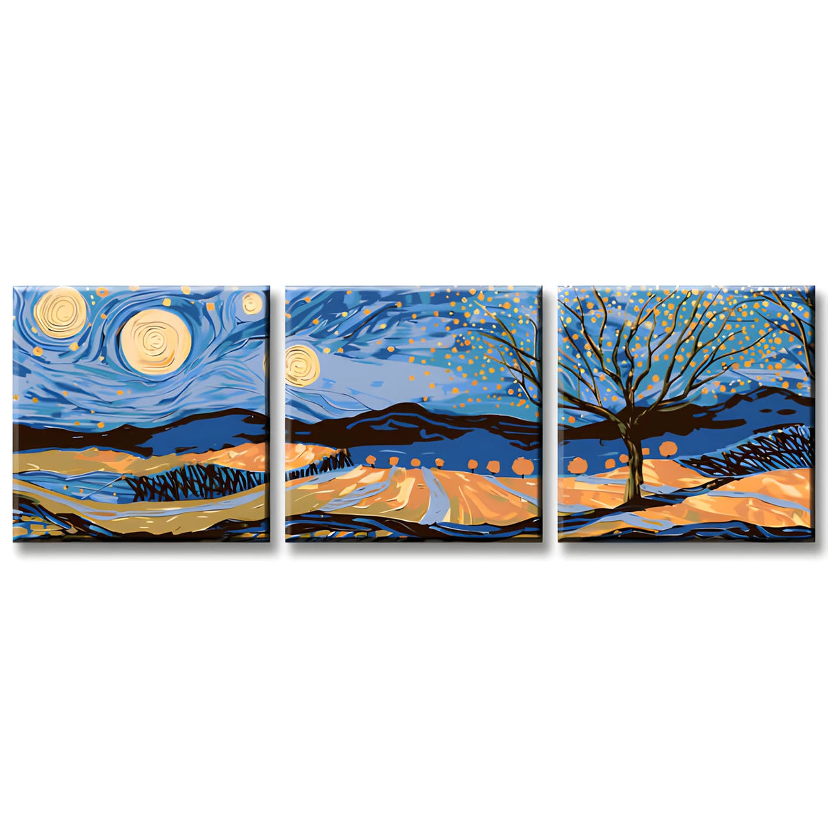 Malen nach Zahlen Triptychon Sternennacht Landschaft 3-teilig