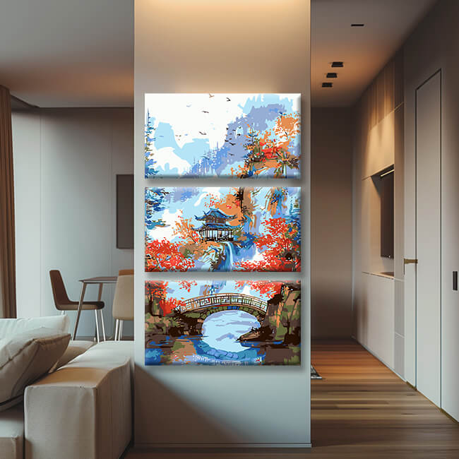Painting by numbers Panorama Colorful Chinese Mountain Panorama at Lake I 3-part